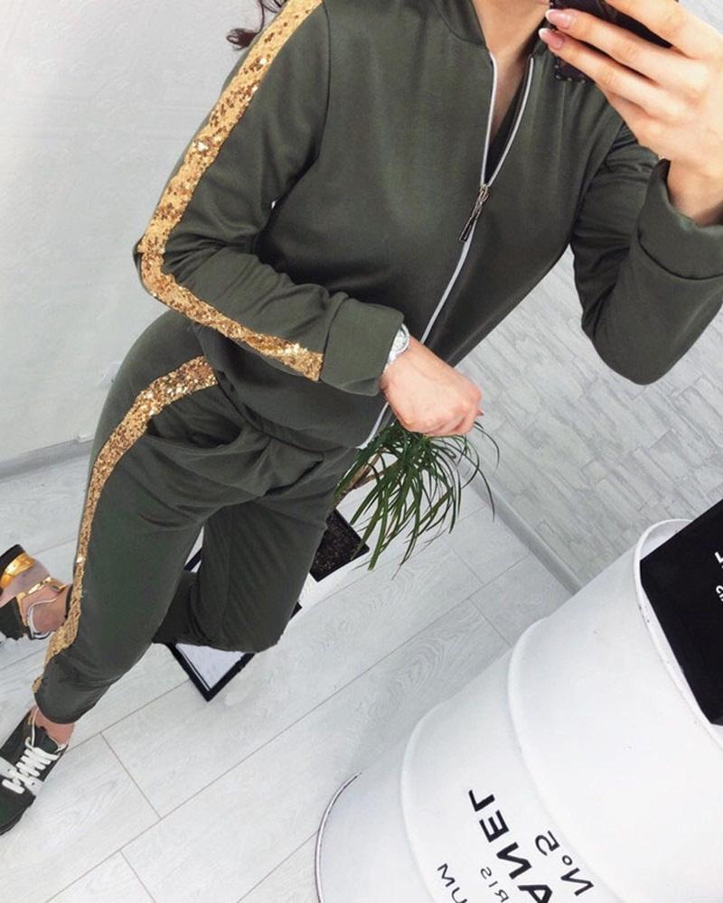 Sequins Decor Tape Zip Up Front Top & Cropped Pants Set-Pinkami