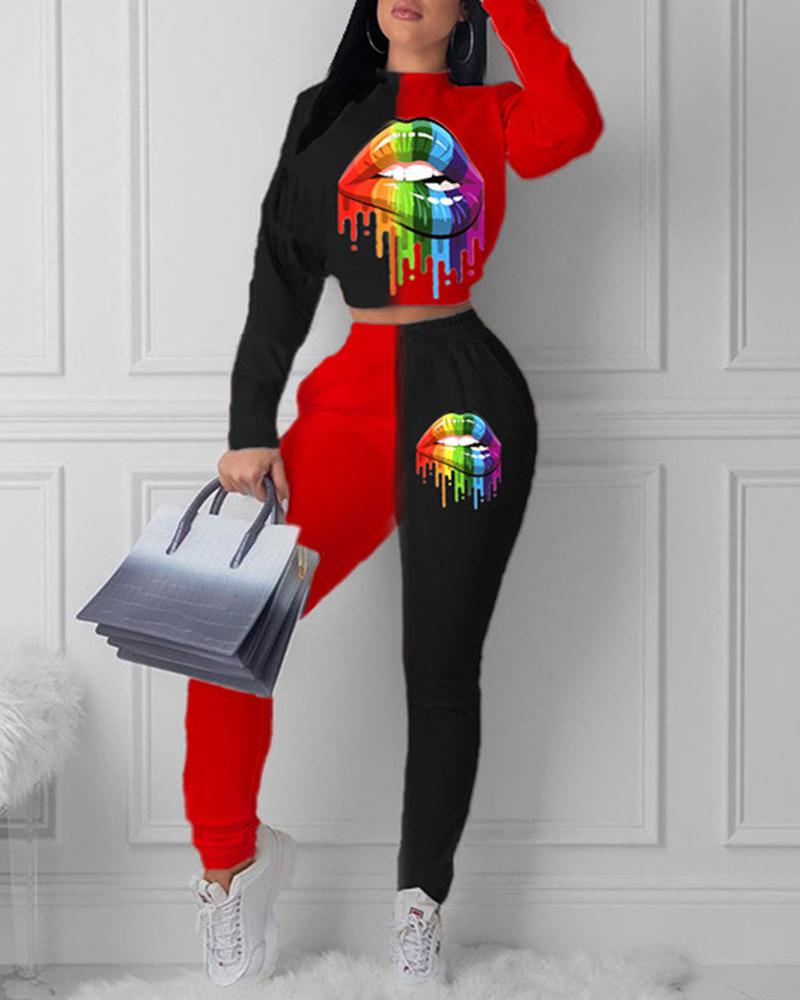 Two Tone Lips Print Long Sleeve Top & Pants Set-Pinkami