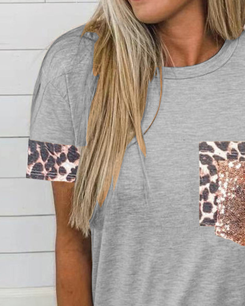 Contrast Leopard Sequin Patched Pocket T-Shirt-Pinkami