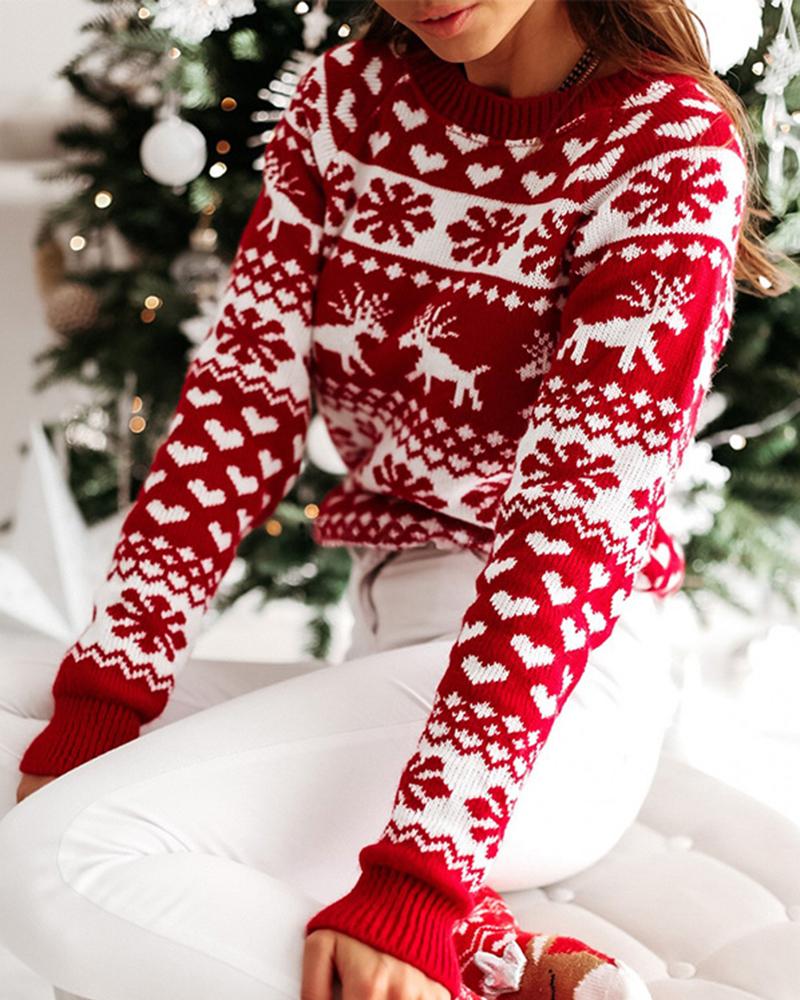 Elk & Snowflake Print Contrast Binding Ribbed Sweater-Pinkami