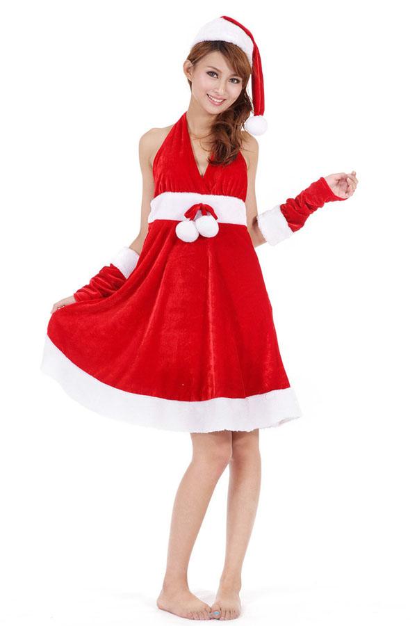 Sexy Red Ball Belt Halter Santa Costume Women-Pinkami