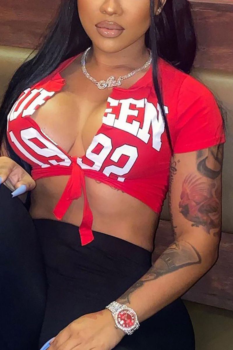 Letter Print Tie Front Crop T-Shirt-Pinkami