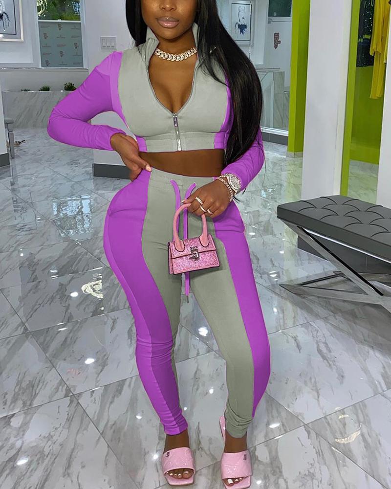 Colorblock Zip Up Drawstring Waist Crop Top & Pants Set-Pinkami