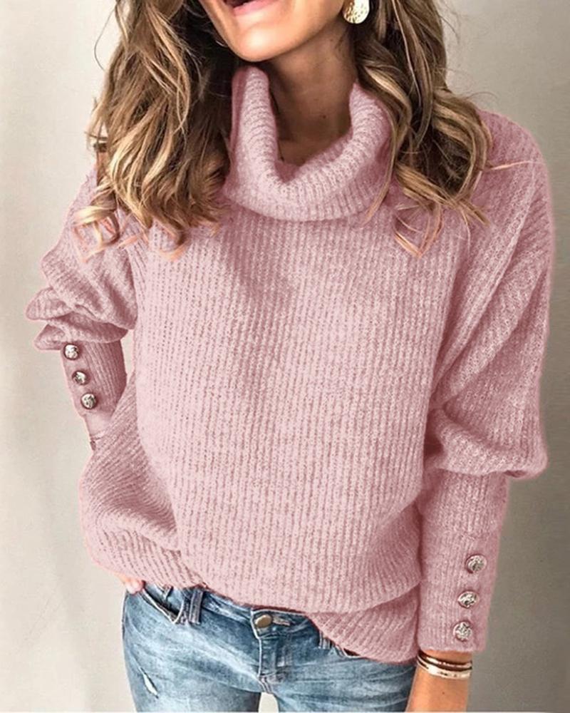 Solid Button Detail Ribbed High Neck Sweater-Pinkami