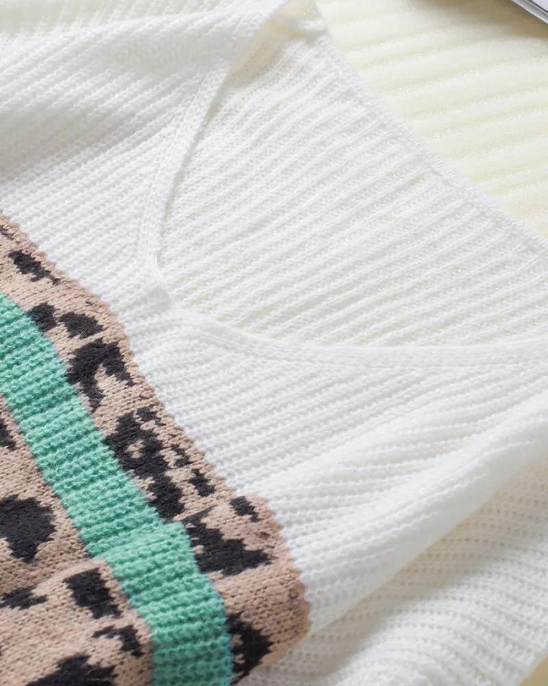 Colorblock Leopard Print Ribbed V Neck Sweater-Pinkami