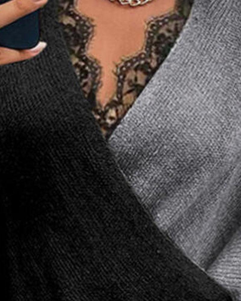 Two Tone Contrast Lace Wrap Batwing Sleeve Sweater-Pinkami