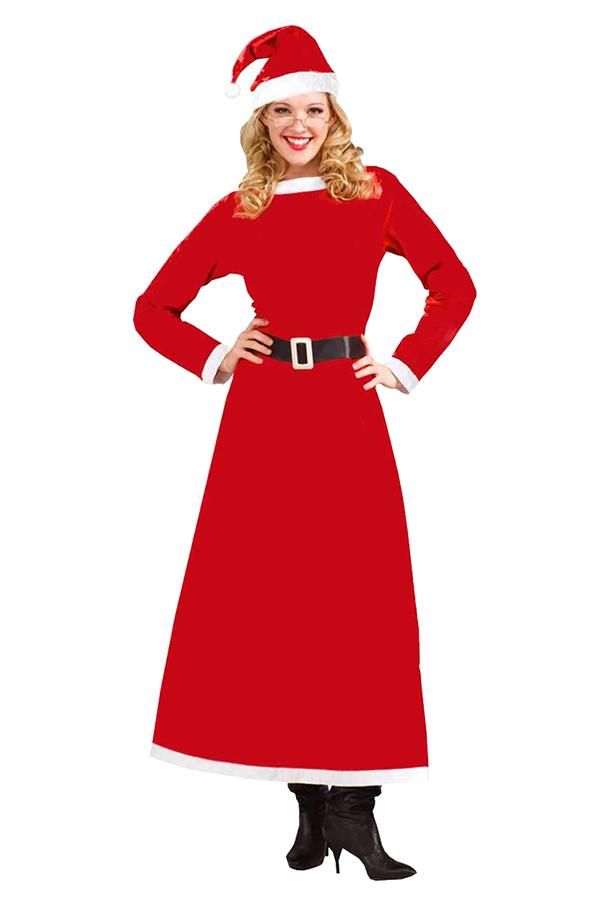 Cute Fur Trim Belted Maxi Santa Dress Christmas Costume Red-Pinkami