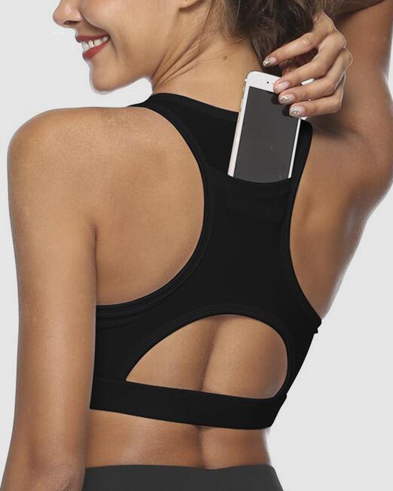 Pocket Decor Cutout Racerback Sports Bra-Pinkami