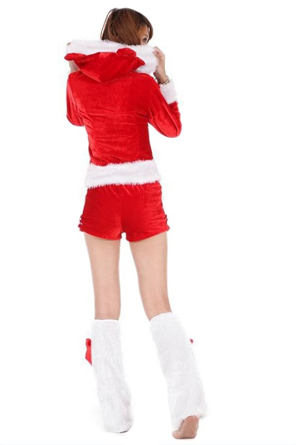 Red Chic Womens Christmas Party Catwoman Pleuche Hooded Santa Costume-Pinkami