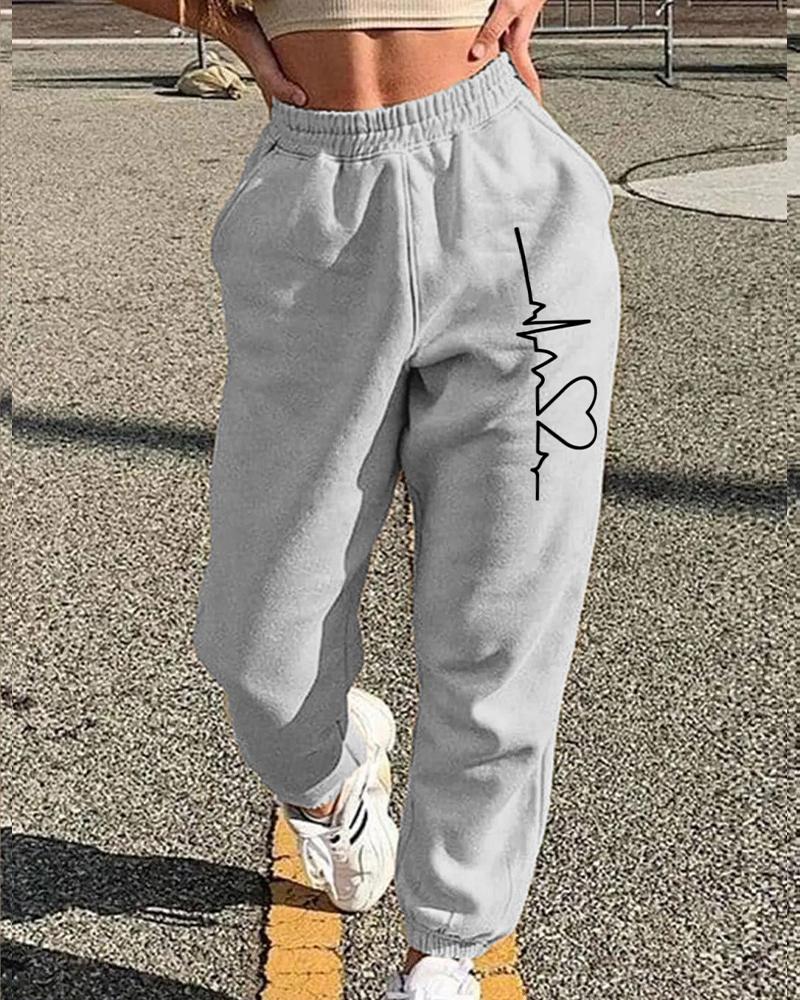 Heart Print Slant Pocket High Waist Sweatpants For Women-Pinkami