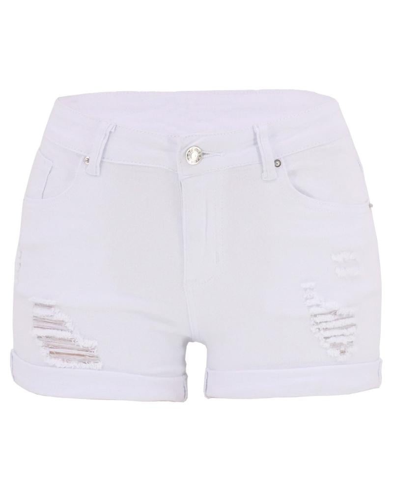 Women Low Waist Roll Up Hem Ripped Denim Shorts-Pinkami