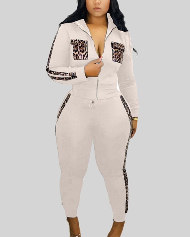 Leopard Print Zip Up Jacket & Pants Set-Pinkami