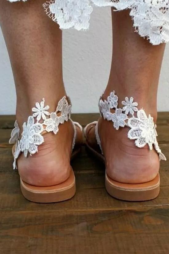 Lace Flower Applique Toe Ring Flat Sandals-Pinkami
