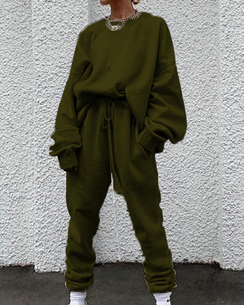 Solid Drawstring Waist Slant Pocket Elastic Hem Sweatshirt & Pants Set-Pinkami