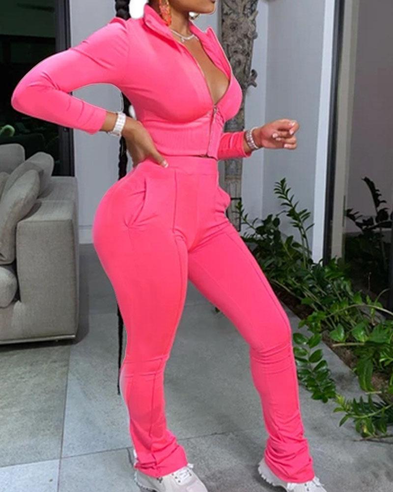 Solid Zip Up Stand Collar Top & Pants Set-Pinkami