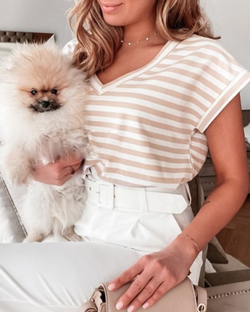 Striped V Neck Short Sleeve T-Shirt-Pinkami