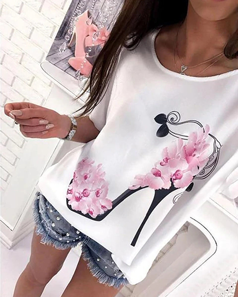 Floral & High Heel Print Drop Shoulder T-Shirt-Pinkami