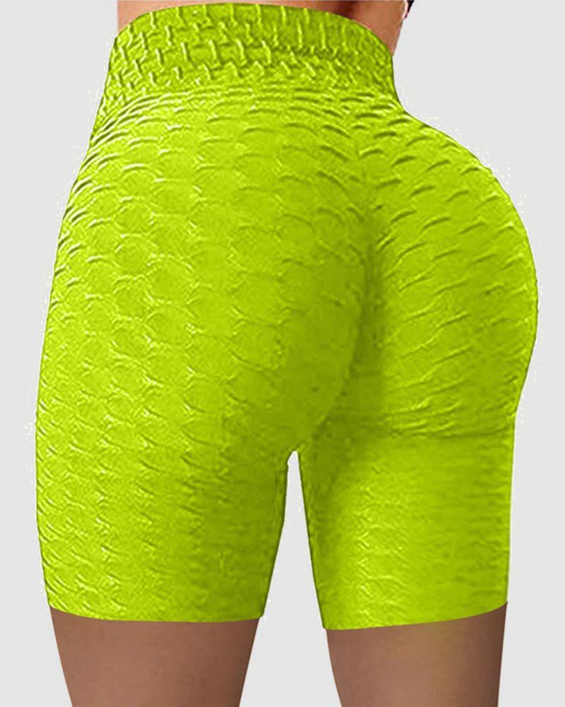 Solid Textured Wide Waistband Butt Lifting Sports Shorts-Pinkami