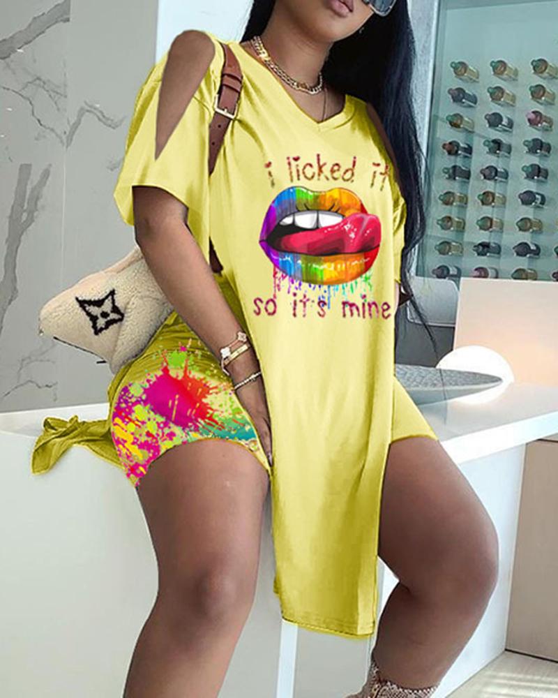 Letter & Graphic Print Split Hem Top & Pants Set