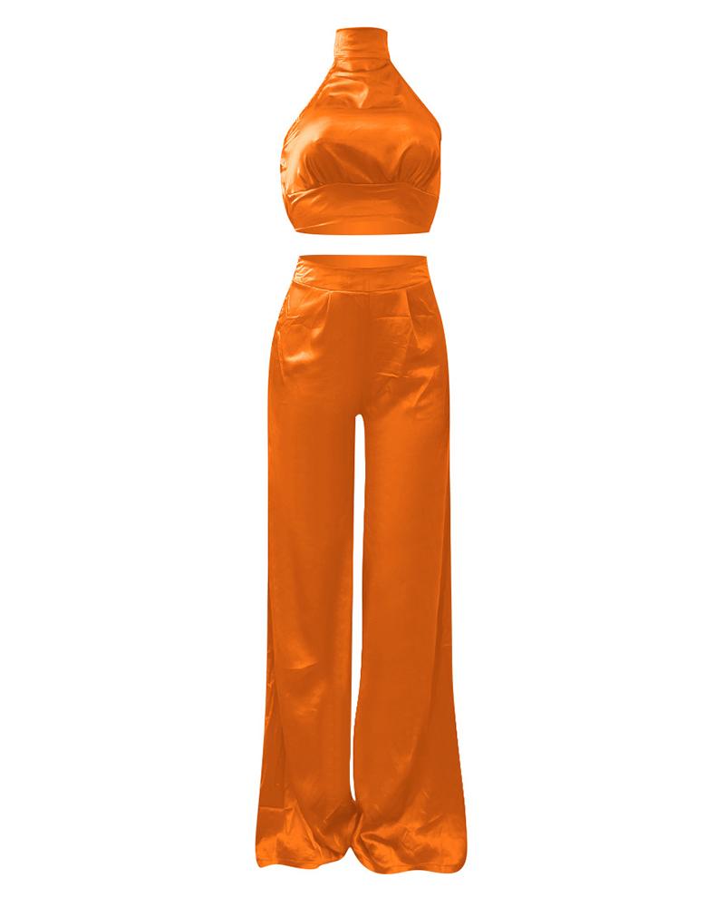 Solid Halter Crop Top & Wide Leg Pants Set-Pinkami