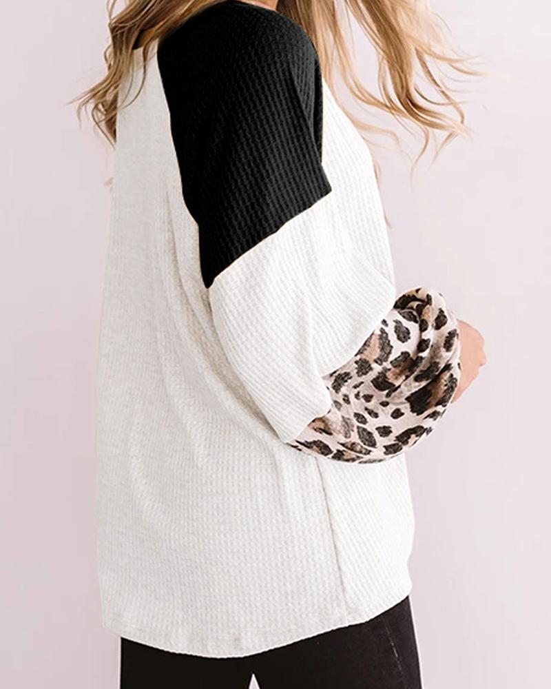 Cheetah Panel Colorblock Twist Front Drop Bishop Sleeve Sweater-Pinkami