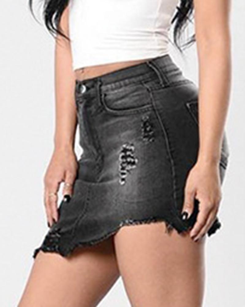 Women Ripped Raw Edge Asymmetrical Hem Denim Skirt-Pinkami