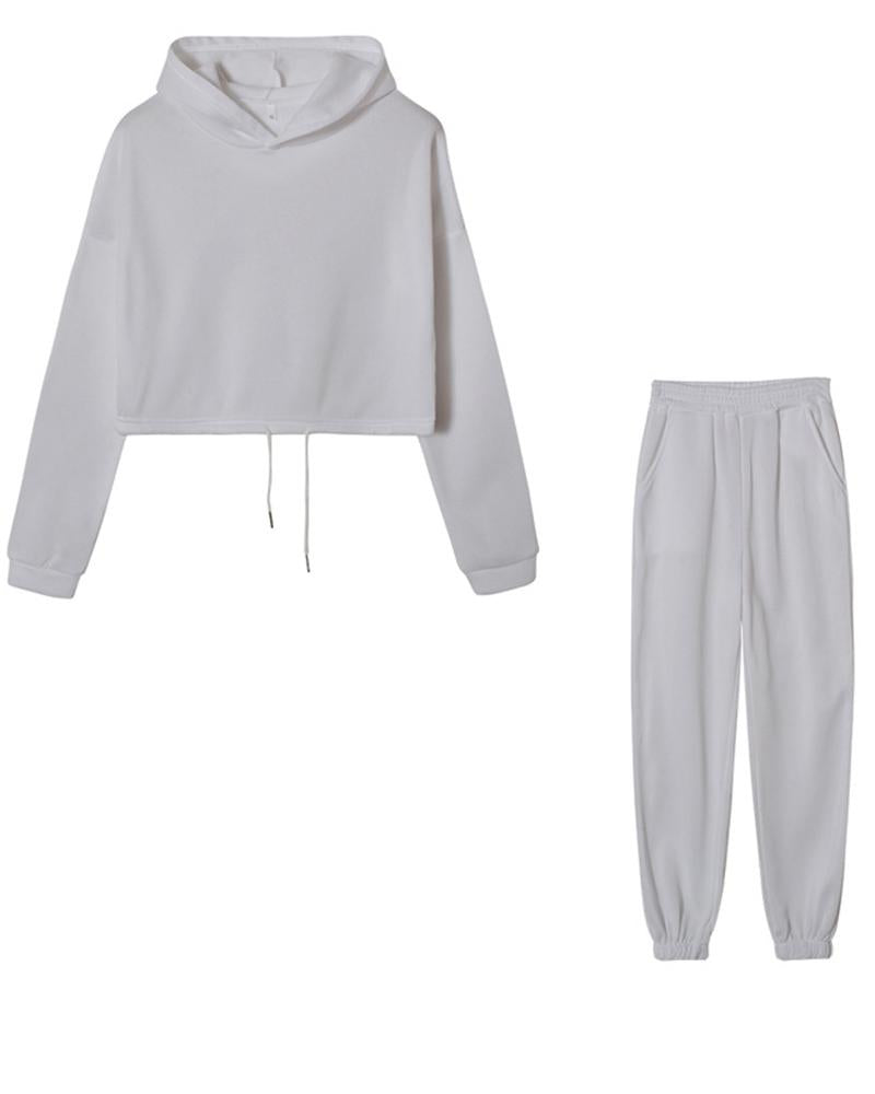 Solid Drawstring Elastic Hem Hooded Top & Pants Set-Pinkami