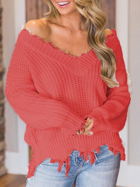 Solid Color V-neck Knitted Short Sweater-Pinkami
