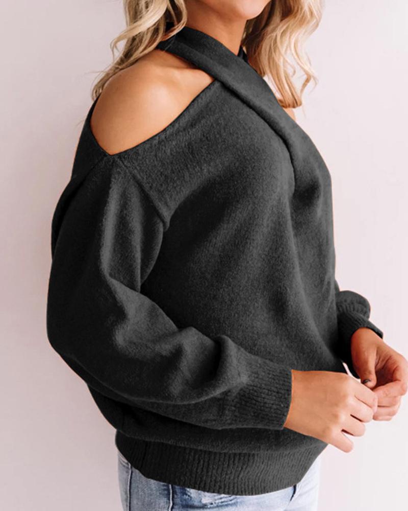 Solid Cold Shoulder Rib Knit Sweater-Pinkami