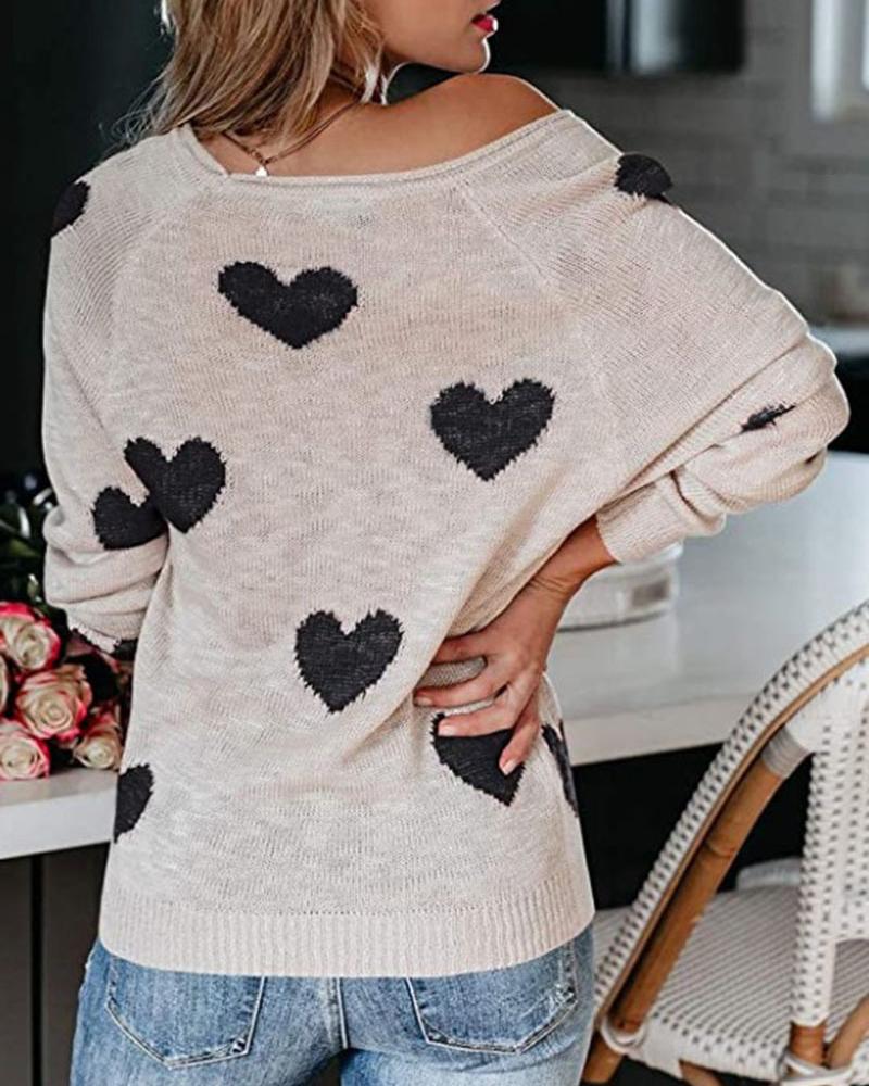 Heart Print Rib Knit Raglan Sleeve Sweater-Pinkami