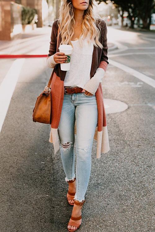 Splicing Contrast Cardigan-Pinkami