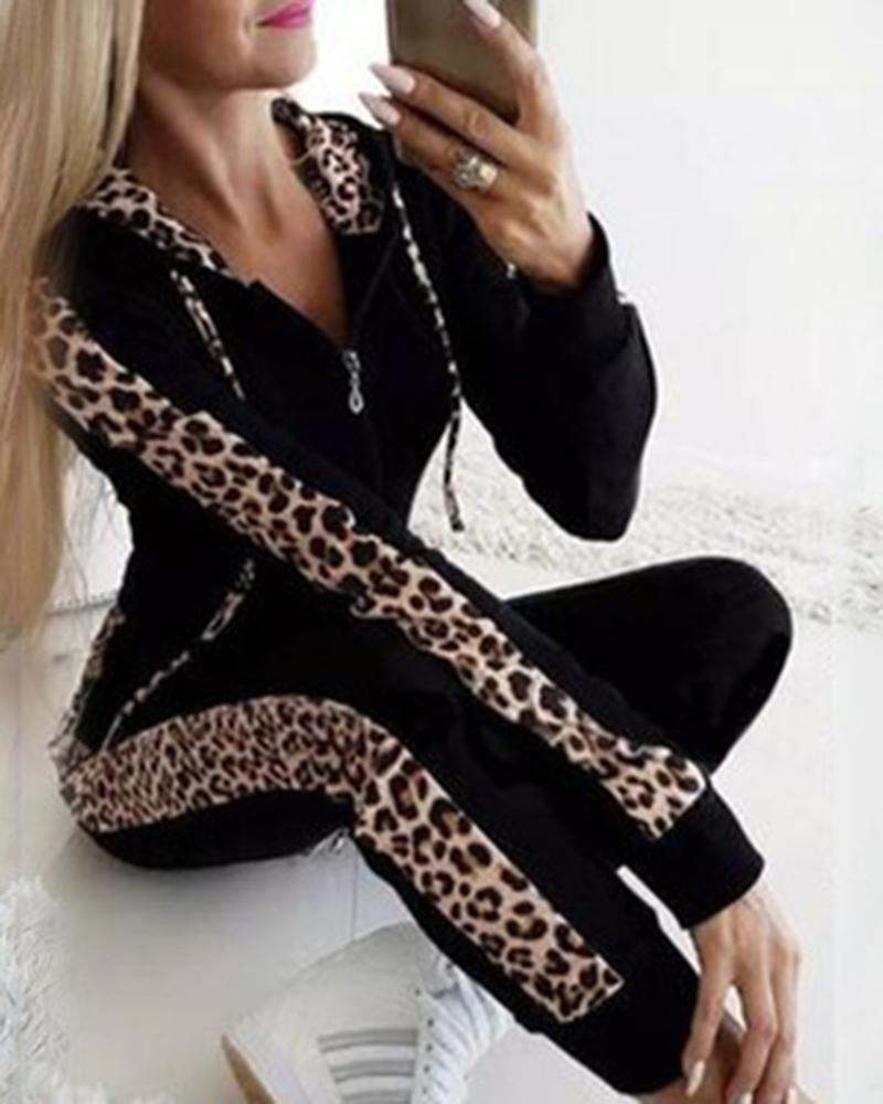 Leopard Print Zip Up Hooded Jacket & Pants Set-Pinkami
