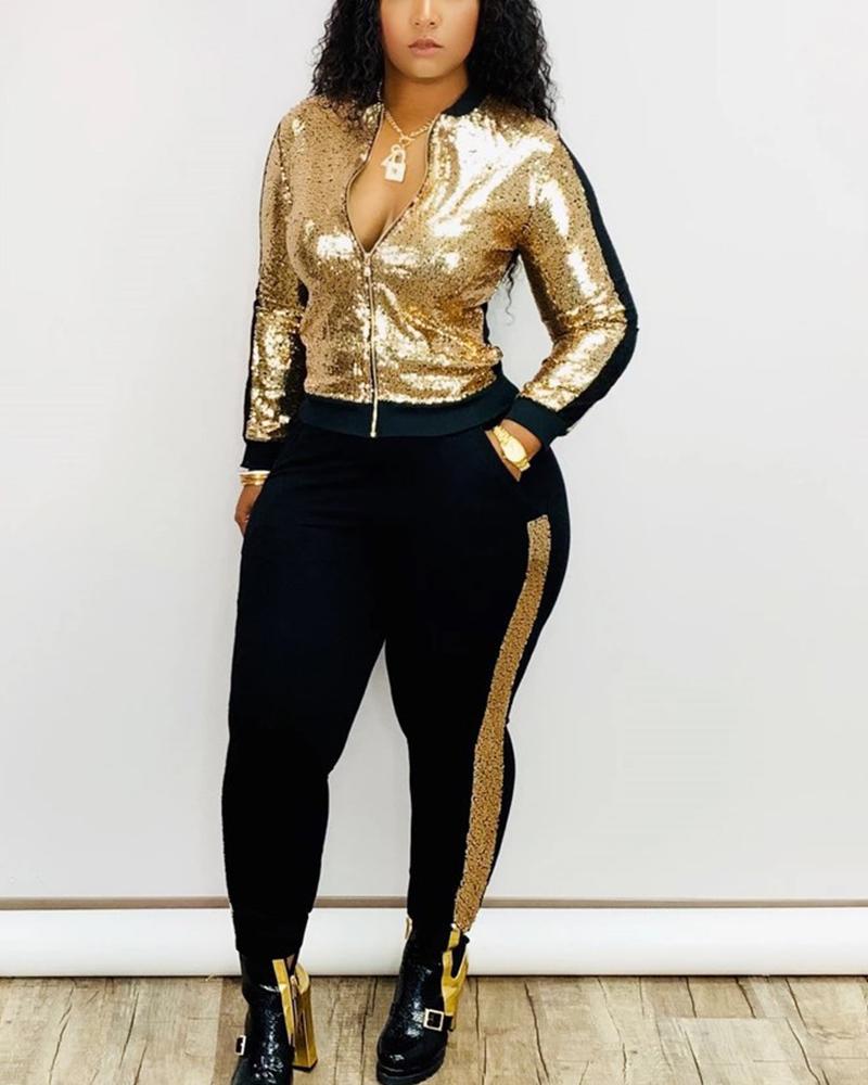 Colorblock Metallic Zip Front Jacket & Pants Set