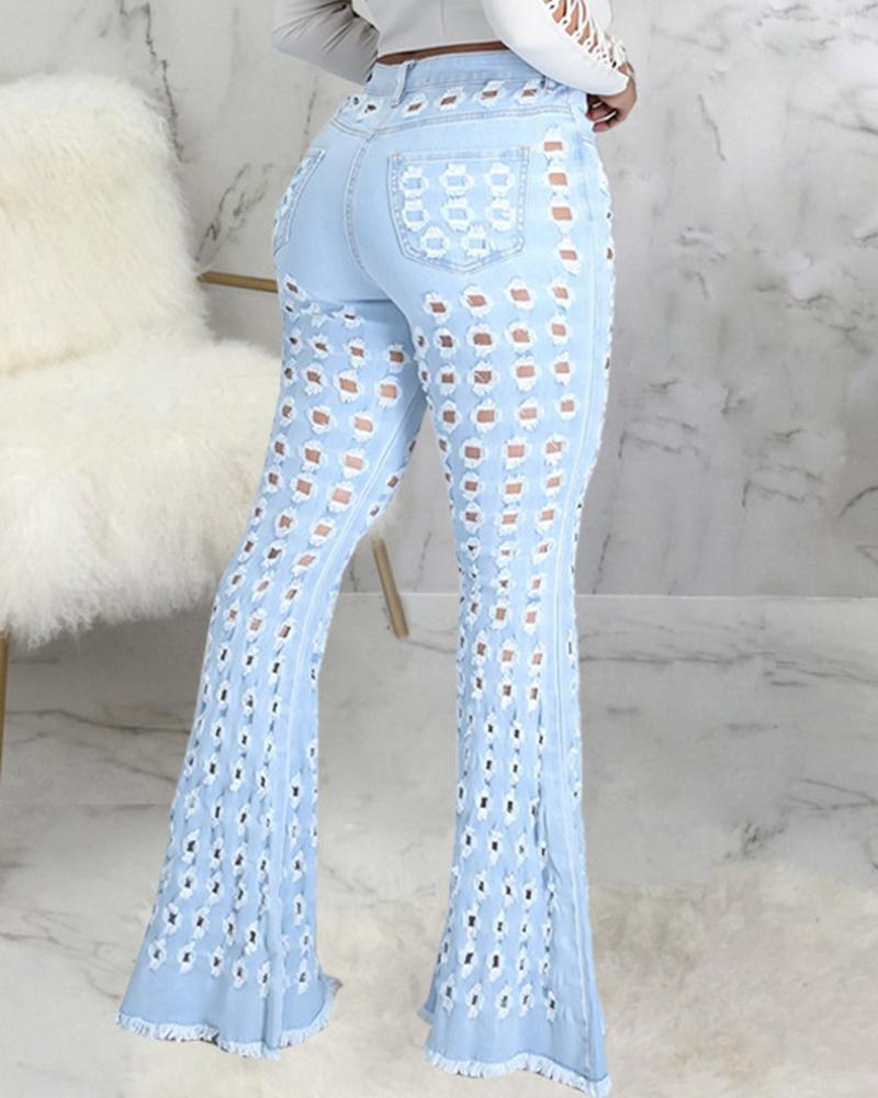 Women Hollow Out Raw Hem Flare Leg Jeans-Pinkami