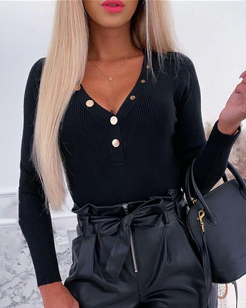 Ribbed Knit Button Up Bodycon Sweater-Pinkami