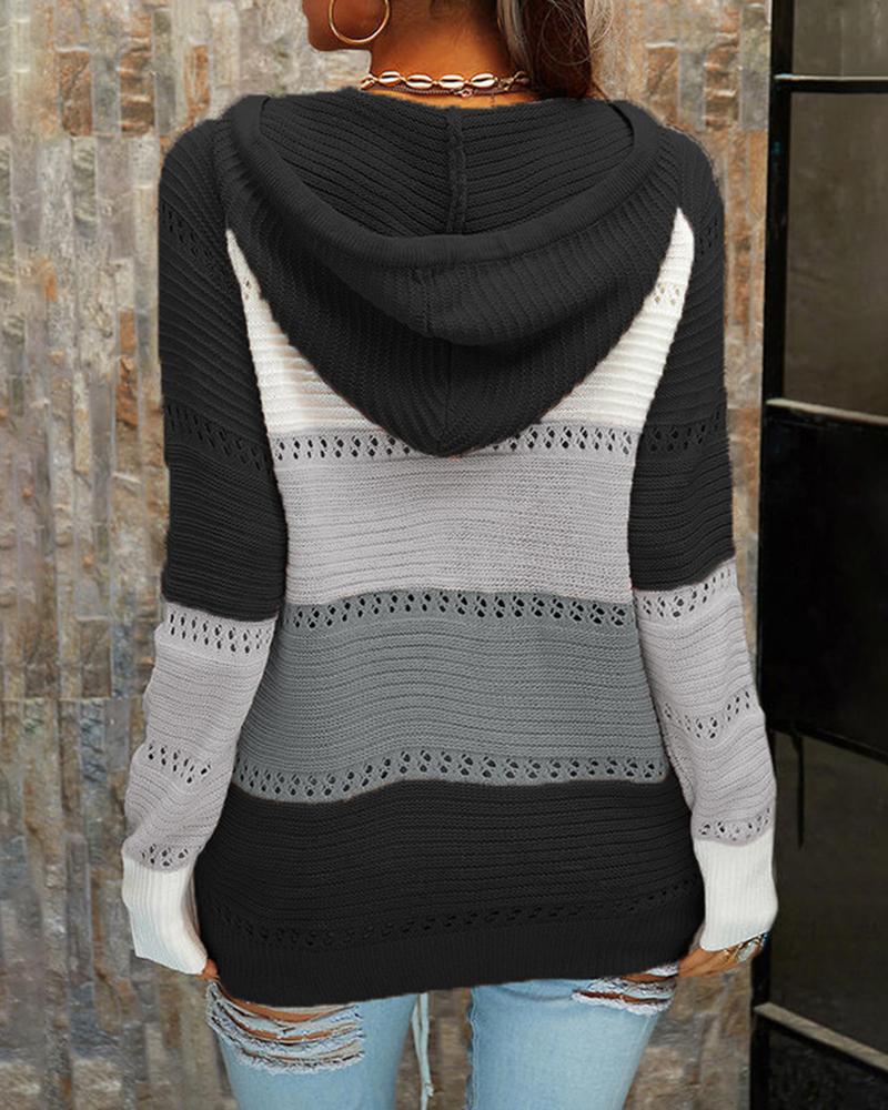 Colorblock Lace Up Pointelle Knit Hooded Sweater-Pinkami
