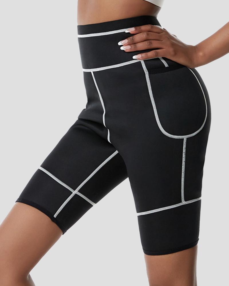 Contrast Binding Wide Waist Band Pocket Side Butt Lifting Sports Shorts-Pinkami