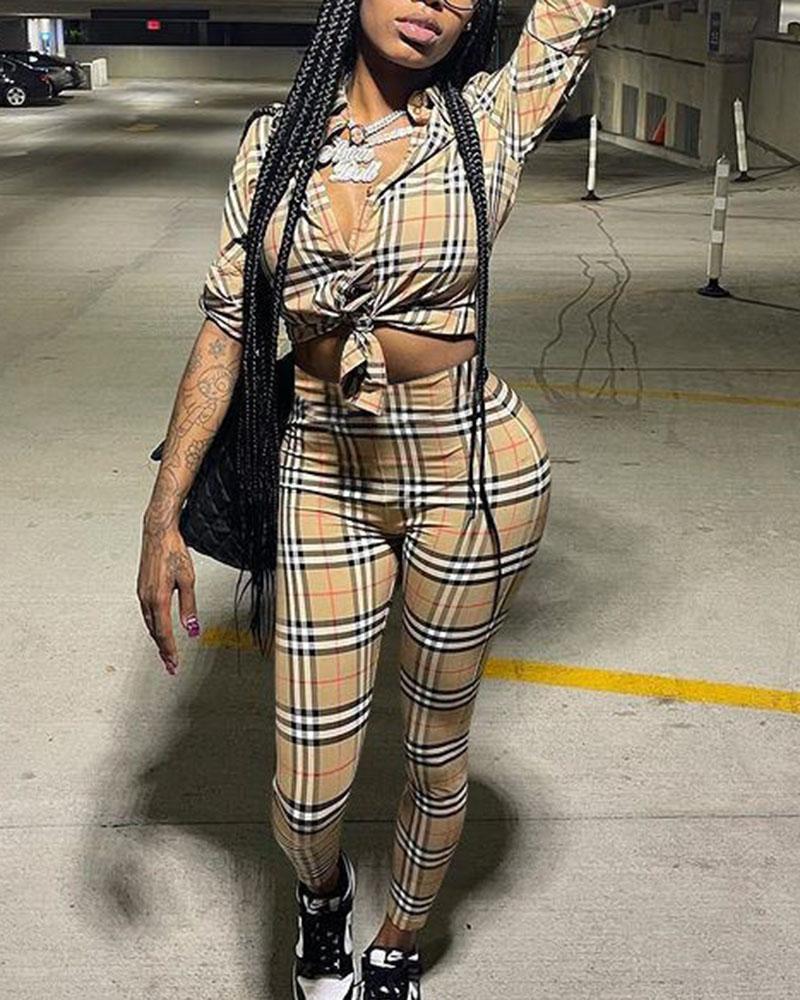 Plaid Print Button Up Asymmetrical Hem Blouse & Pants Set-Pinkami