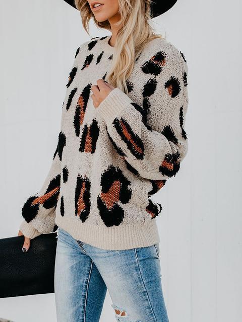 Leopard Knit Round Neck Sweater-Pinkami