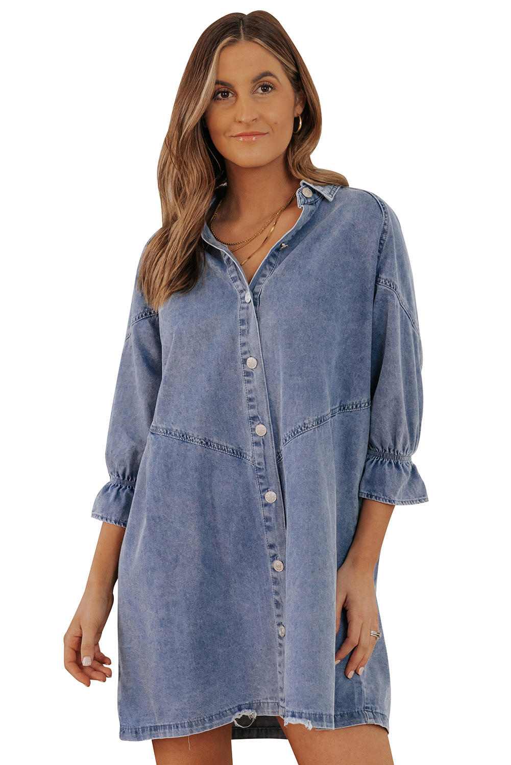 Sky Blue Stripe Buttoned Back T-Shirt Denim Mini Dress