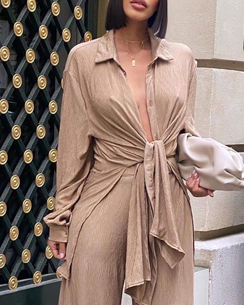 Self-Tie Split Hem Shirt & Wide Leg Pants Set-Pinkami