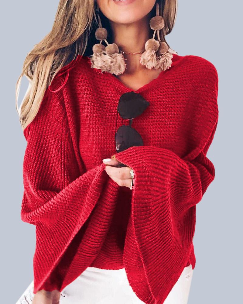 Solid Bell Sleeve Scoop Neck Sweater-Pinkami