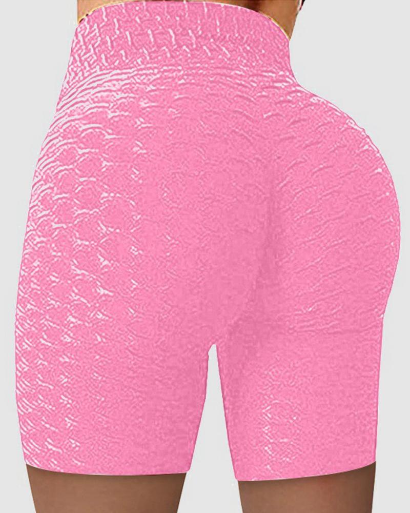 Solid Textured Wide Waistband Butt Lifting Sports Shorts-Pinkami