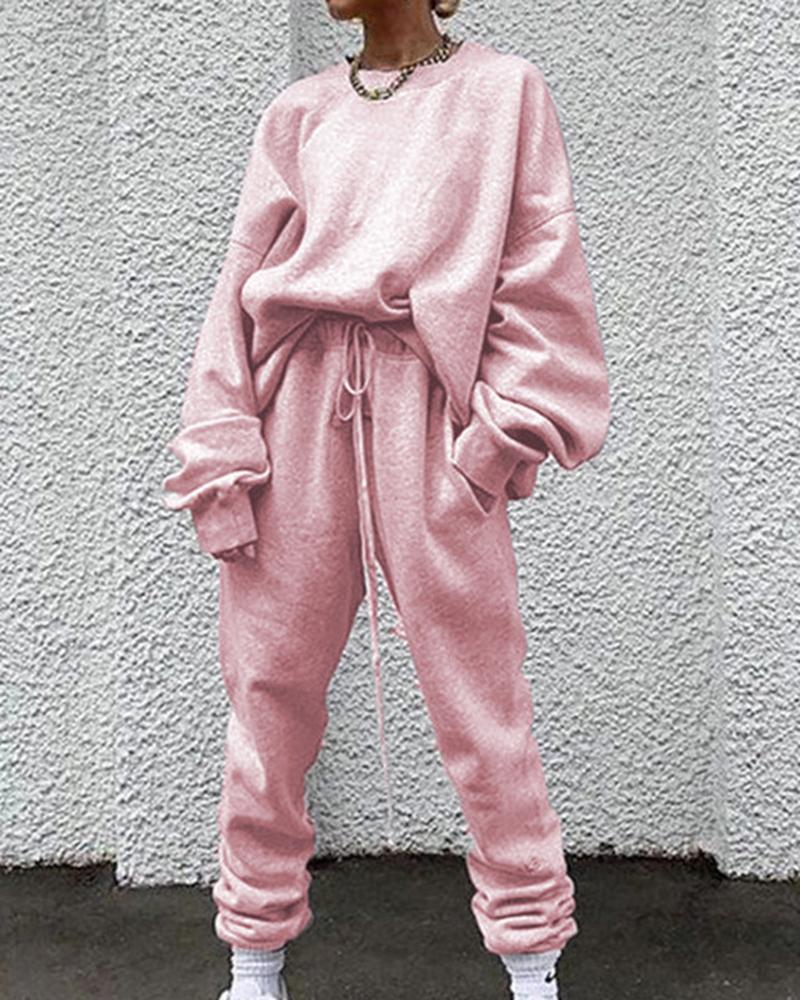 Solid Drawstring Waist Slant Pocket Elastic Hem Sweatshirt & Pants Set-Pinkami