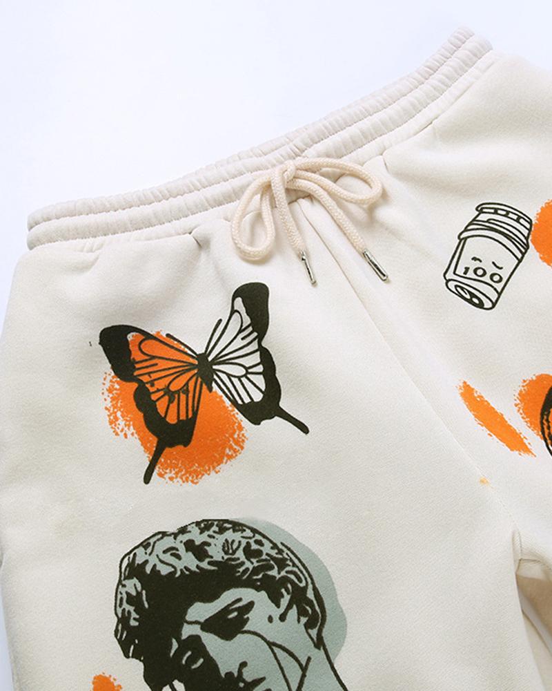 Cartoon Print Drawstring Front Pocket Detail Sports Pants For Women-Pinkami