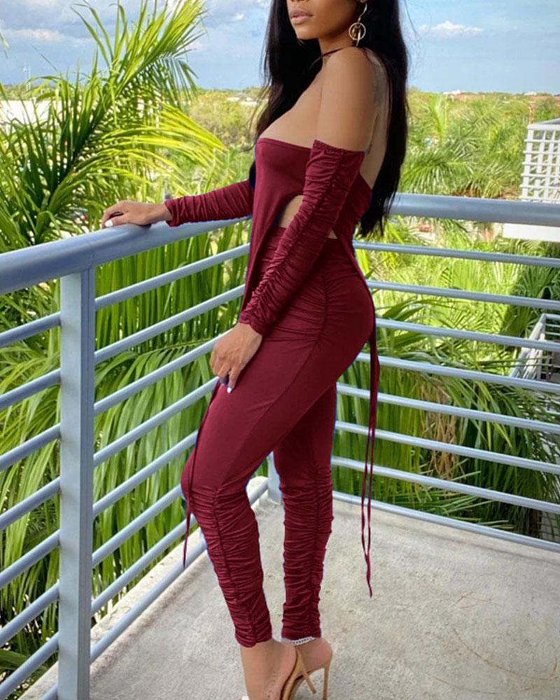 Ruched Asymmetrical Hem Off Shoulder Top & Pants Set-Pinkami