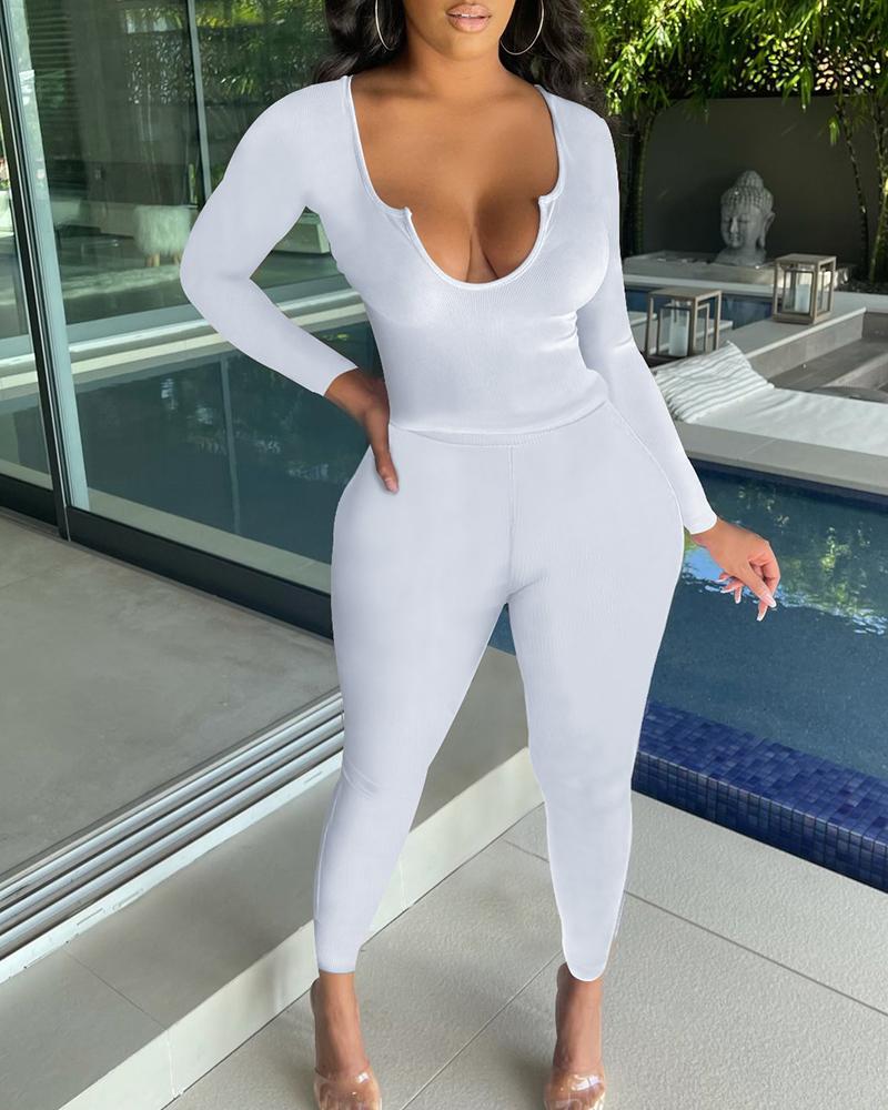 Solid Long Sleeve Notched Neck Top & Pants Set