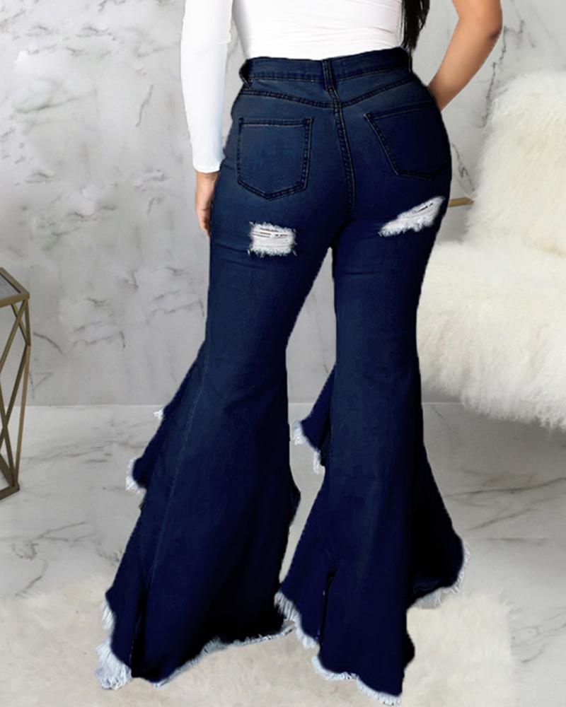 Women Ripped Raw Edge Ruffle Trim Flare Jeans-Pinkami