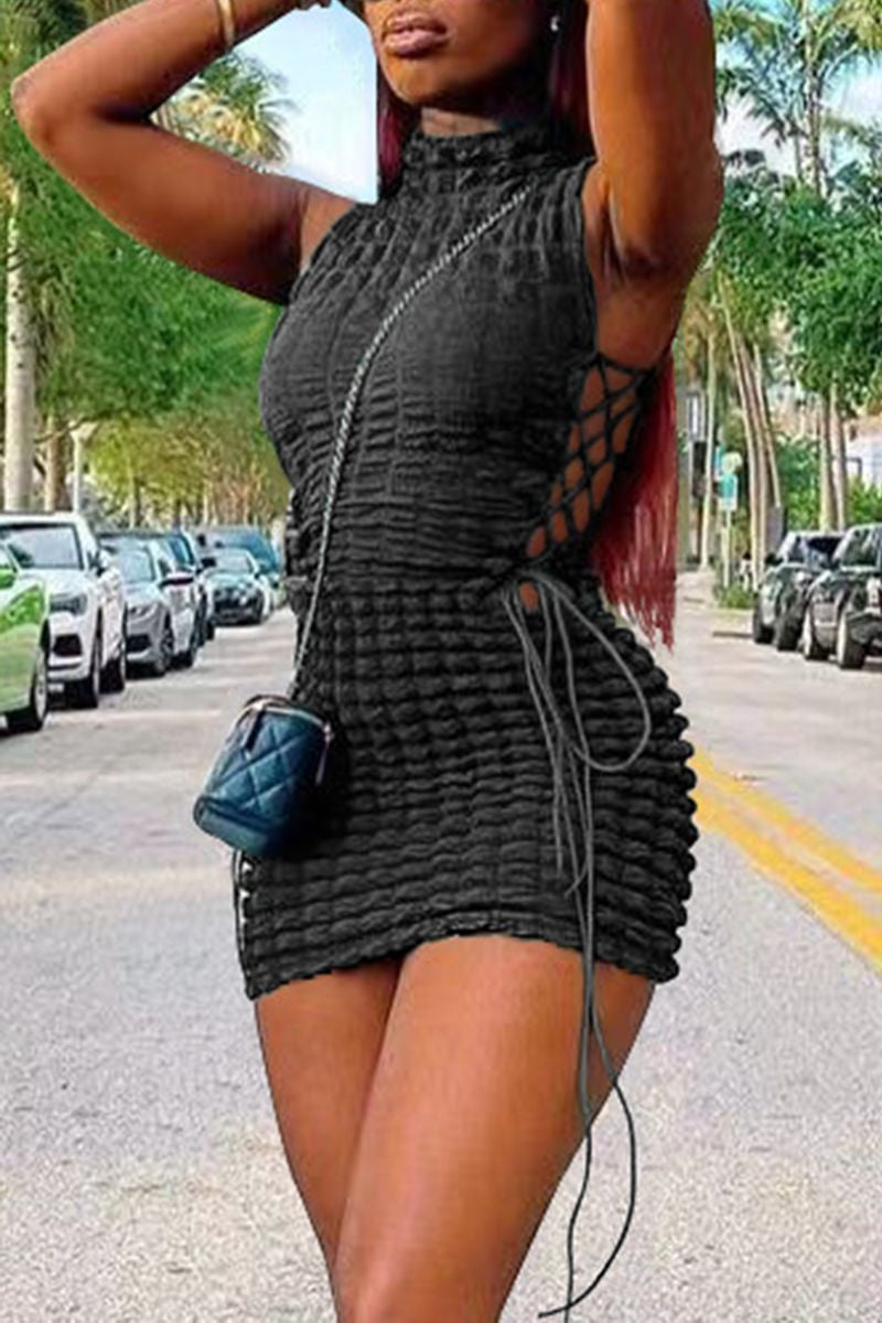 Smocked Lace Up Side Bodycon Dress