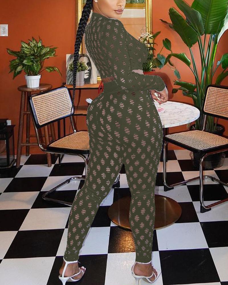 Hollow Out Long Sleeve Mock Neck Top & Pants Set-Pinkami